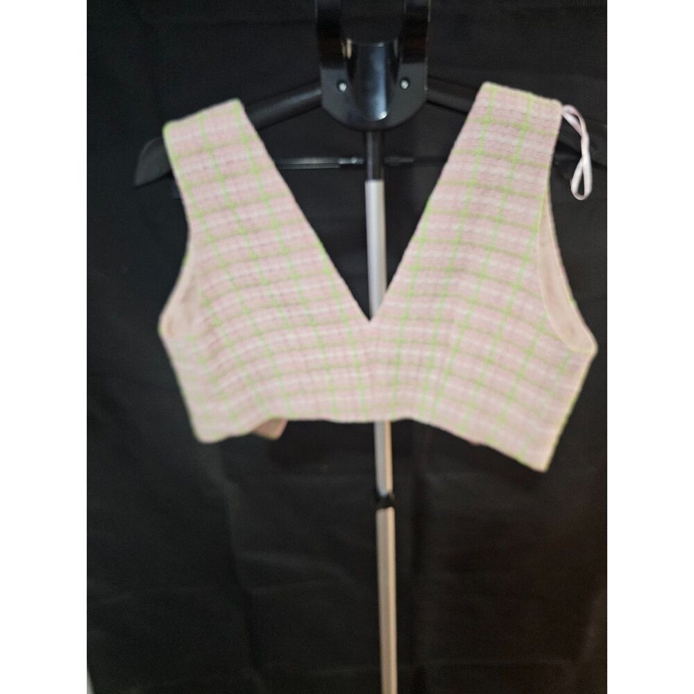 Zara Pink & Lime Green Plaid Tweed Cropped Vest Top / Bustier